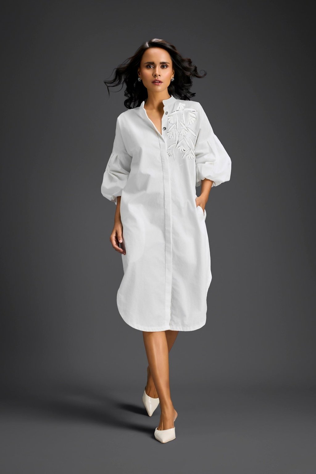 White Puffed Sleeve Shirt Dress with Sheer Back