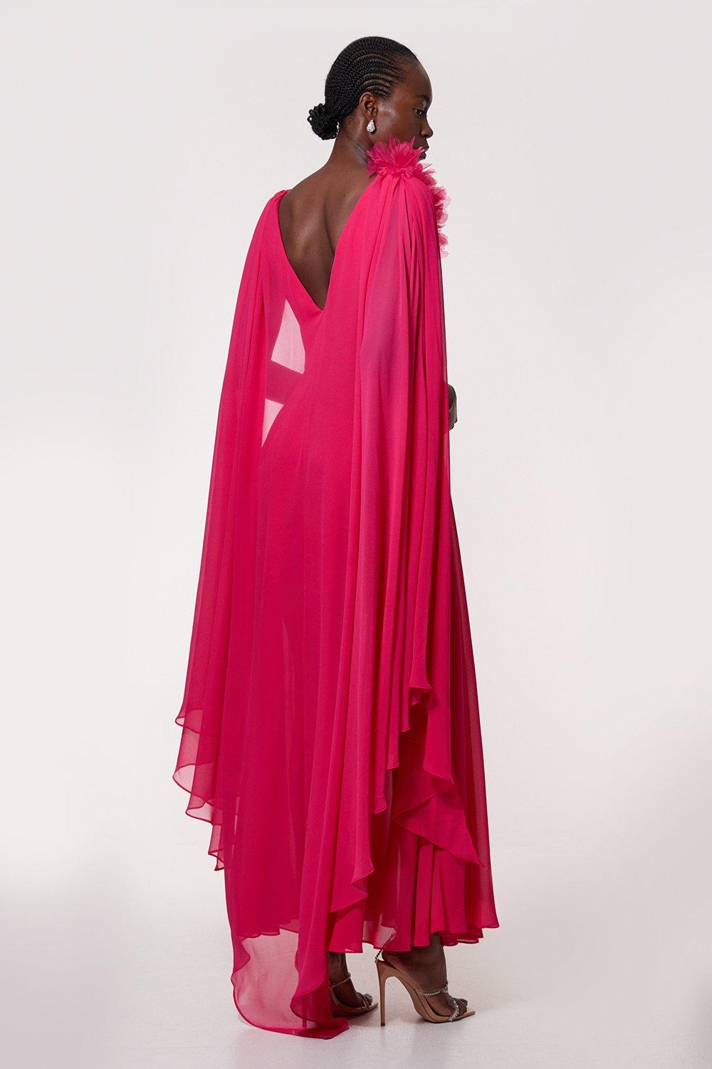 Georgette Pleated Bustier Cape Back Woven Maxi Dress