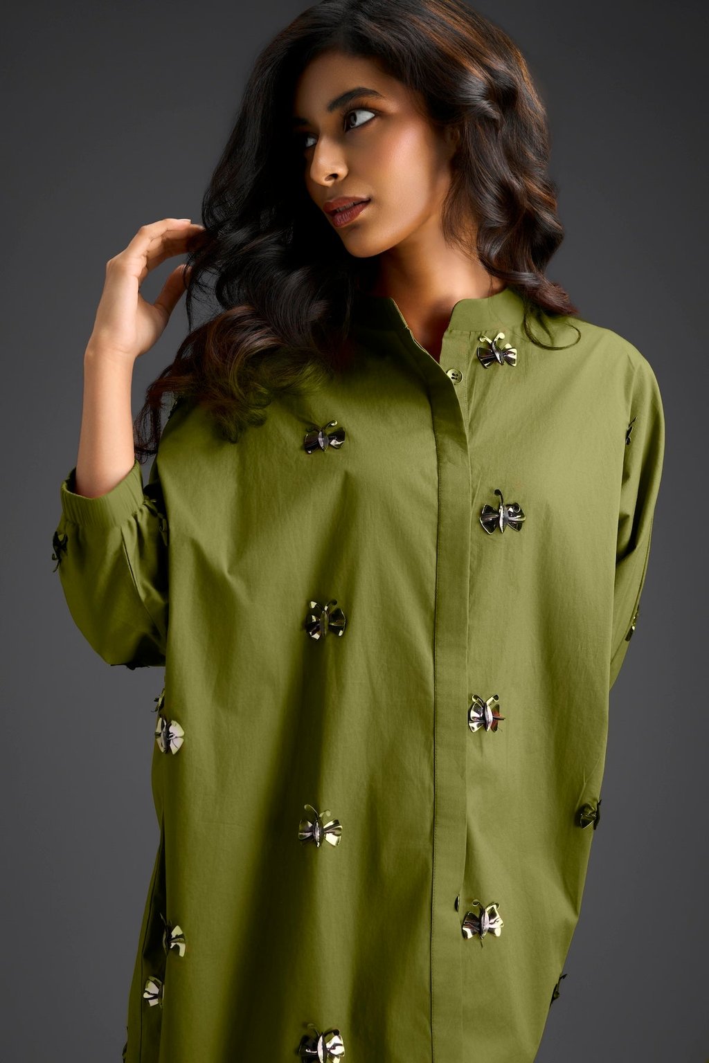 Oversized Shirt Dress with Butterfly Motifs