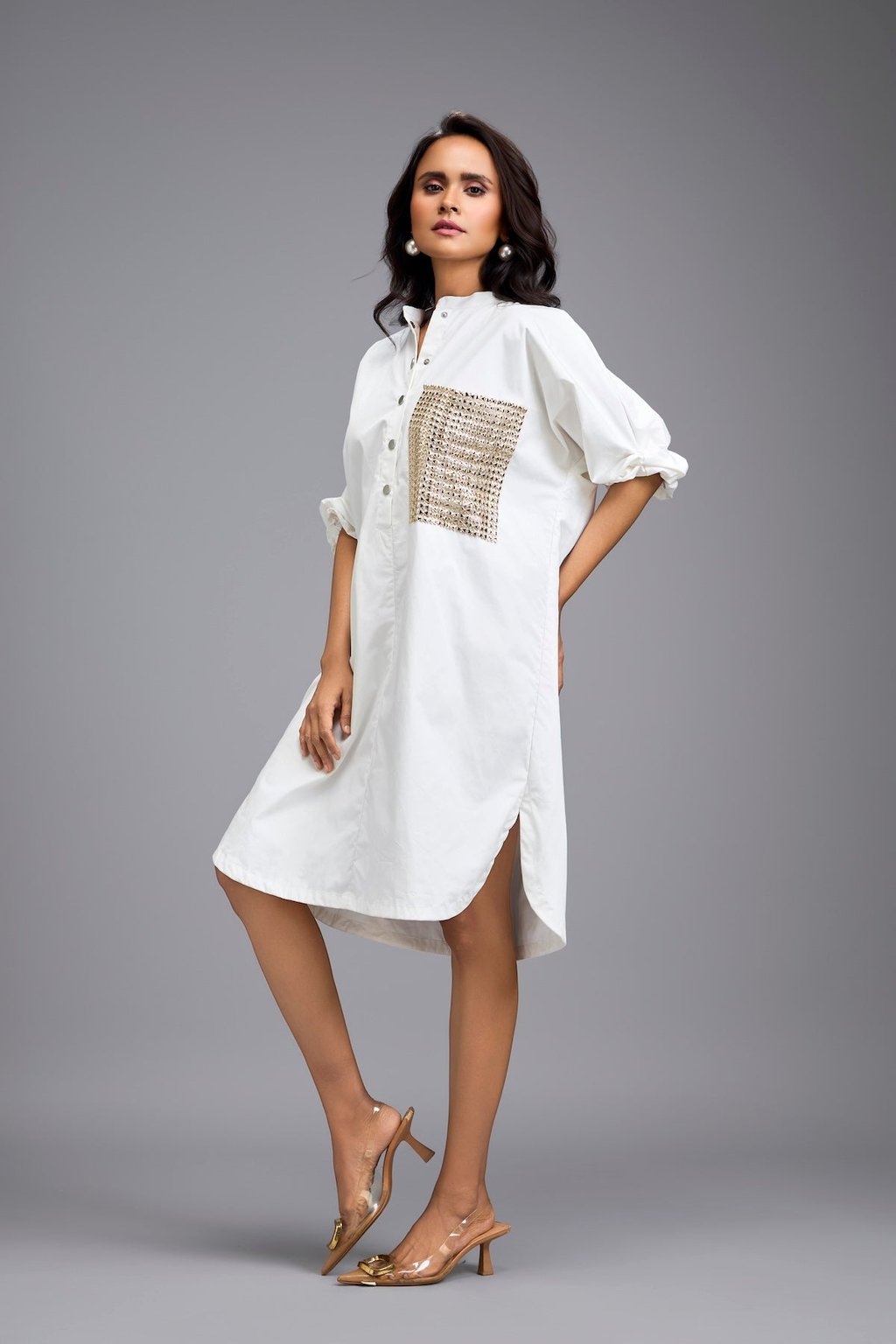 White Oversize Shirt Dress with Embellished Pocket