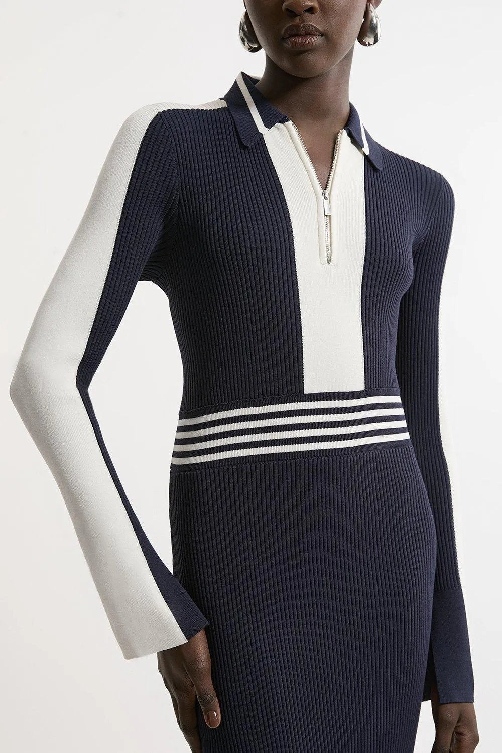 Rib Knit Polo Zip up Midi Dress