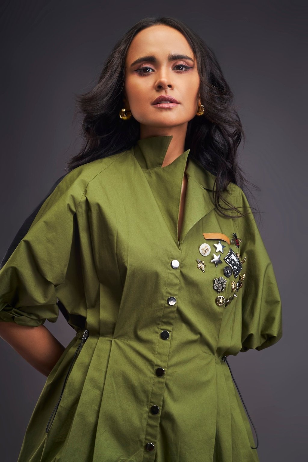 Lapel Collared Pleated Playsuit Green Black