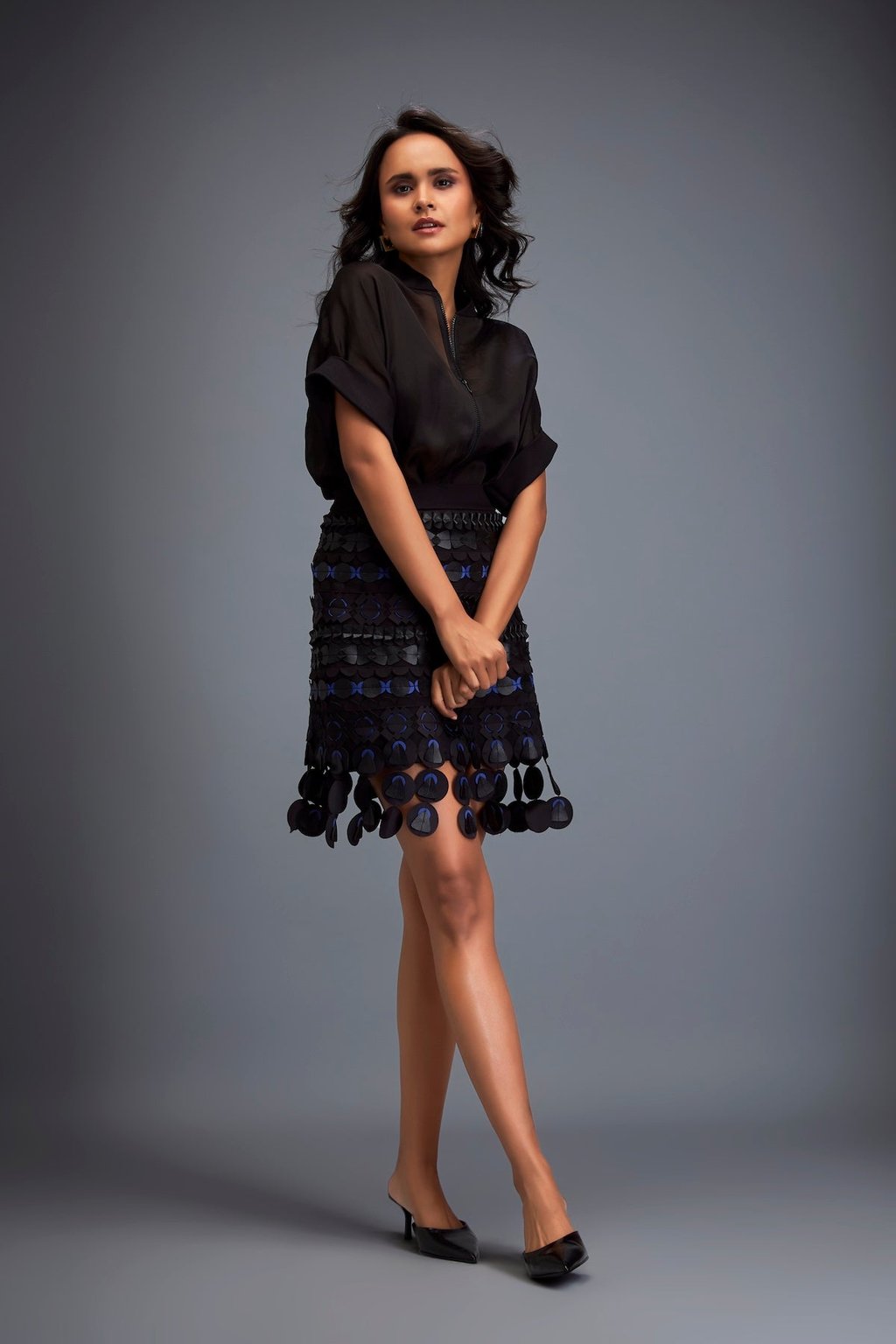 Structured Skirt with Layered Circular Applique Zipper