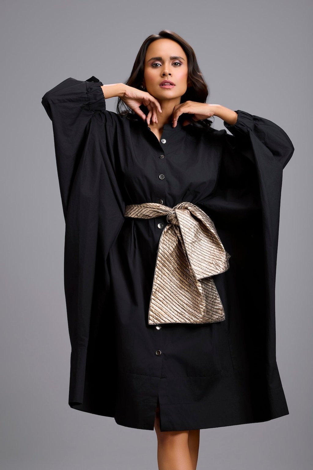 Button-Down Midi Dress with Bow Belt