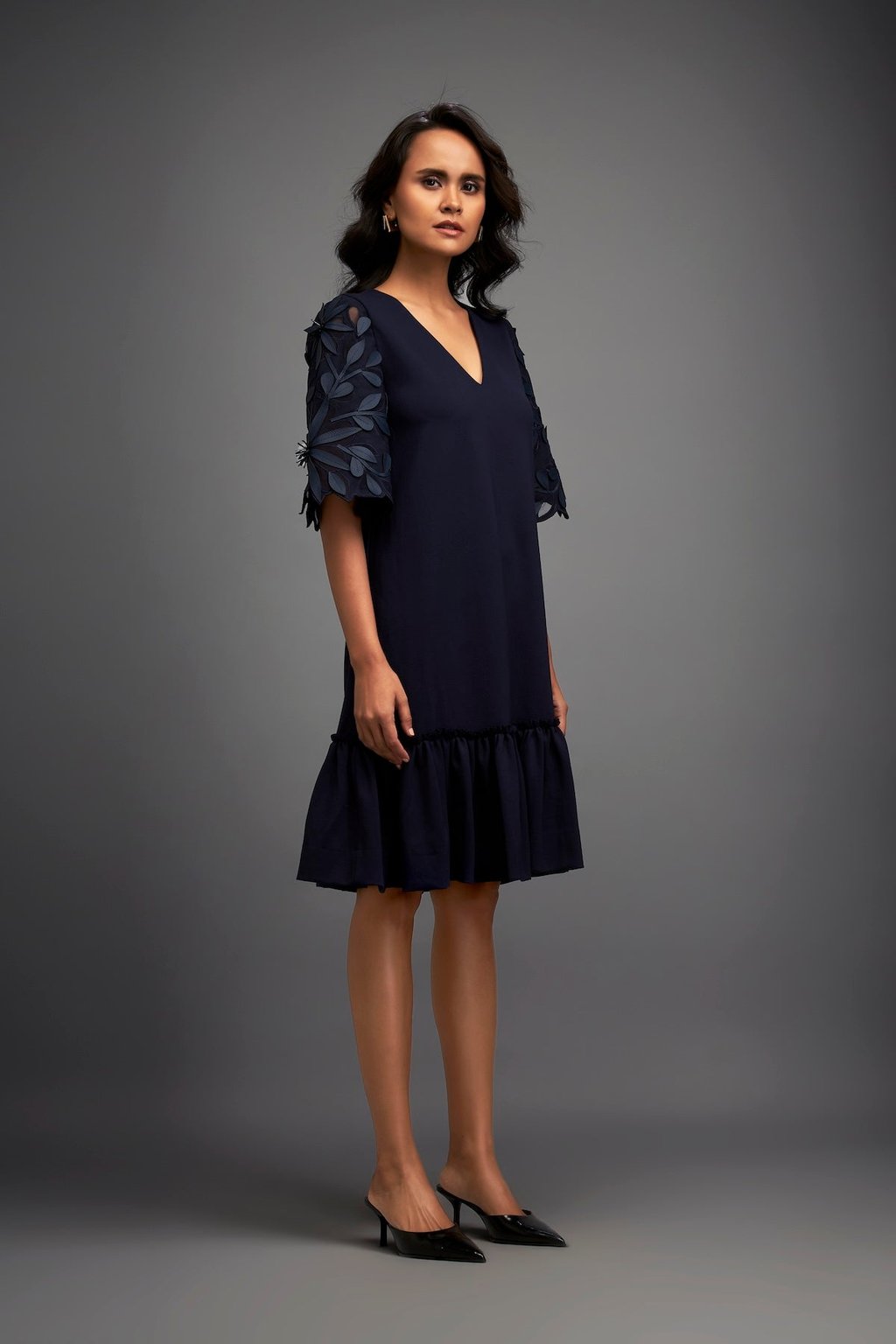 V-Neck Dress With Leaf-Patterned Sleeves
