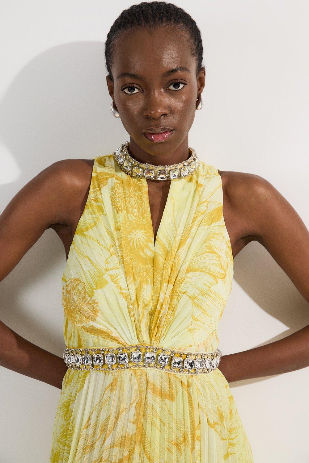 Abstract Floral Crystal Embellished Woven Split Maxi Dress