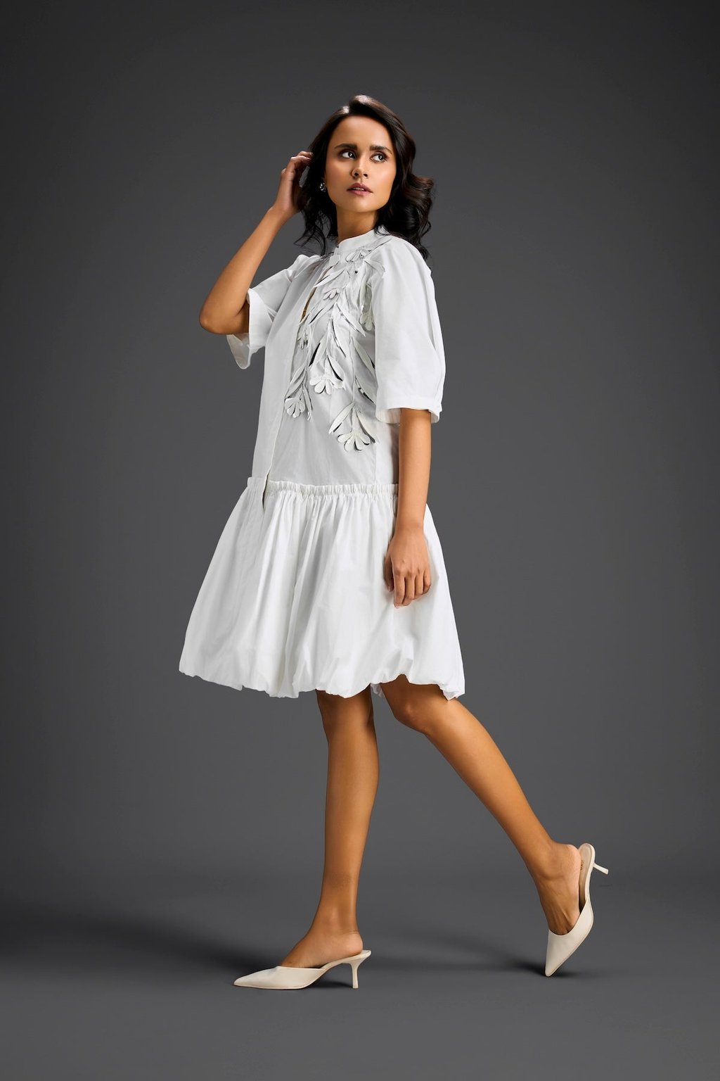 3d Floral Embellished Puff Sleeve Dress