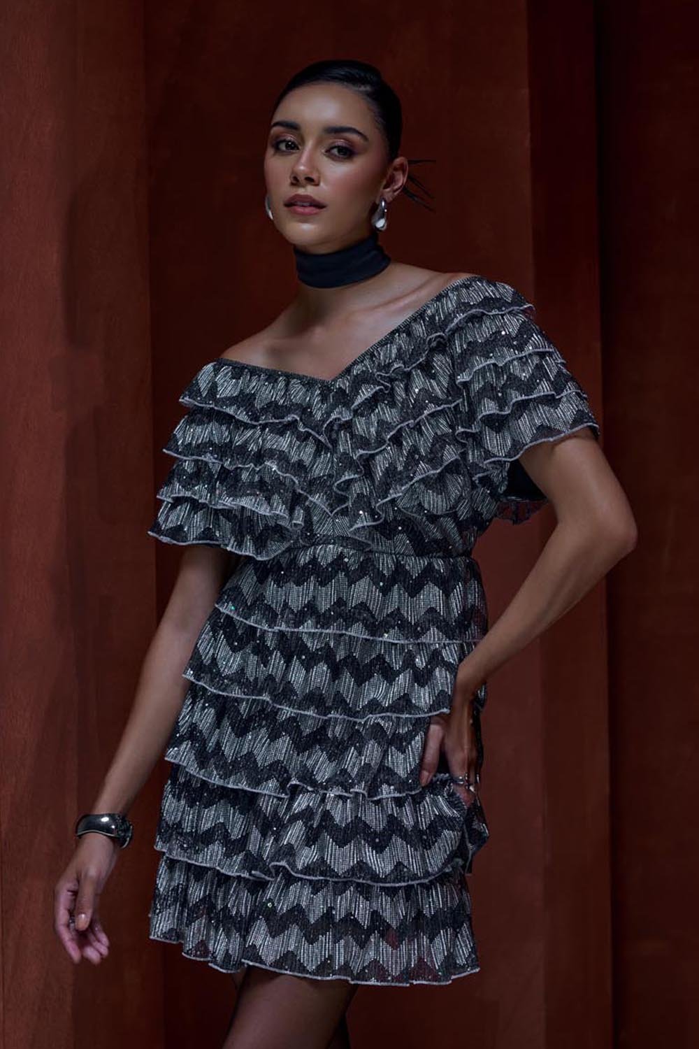 Off the Shoulder Metallic Ruffled Dress