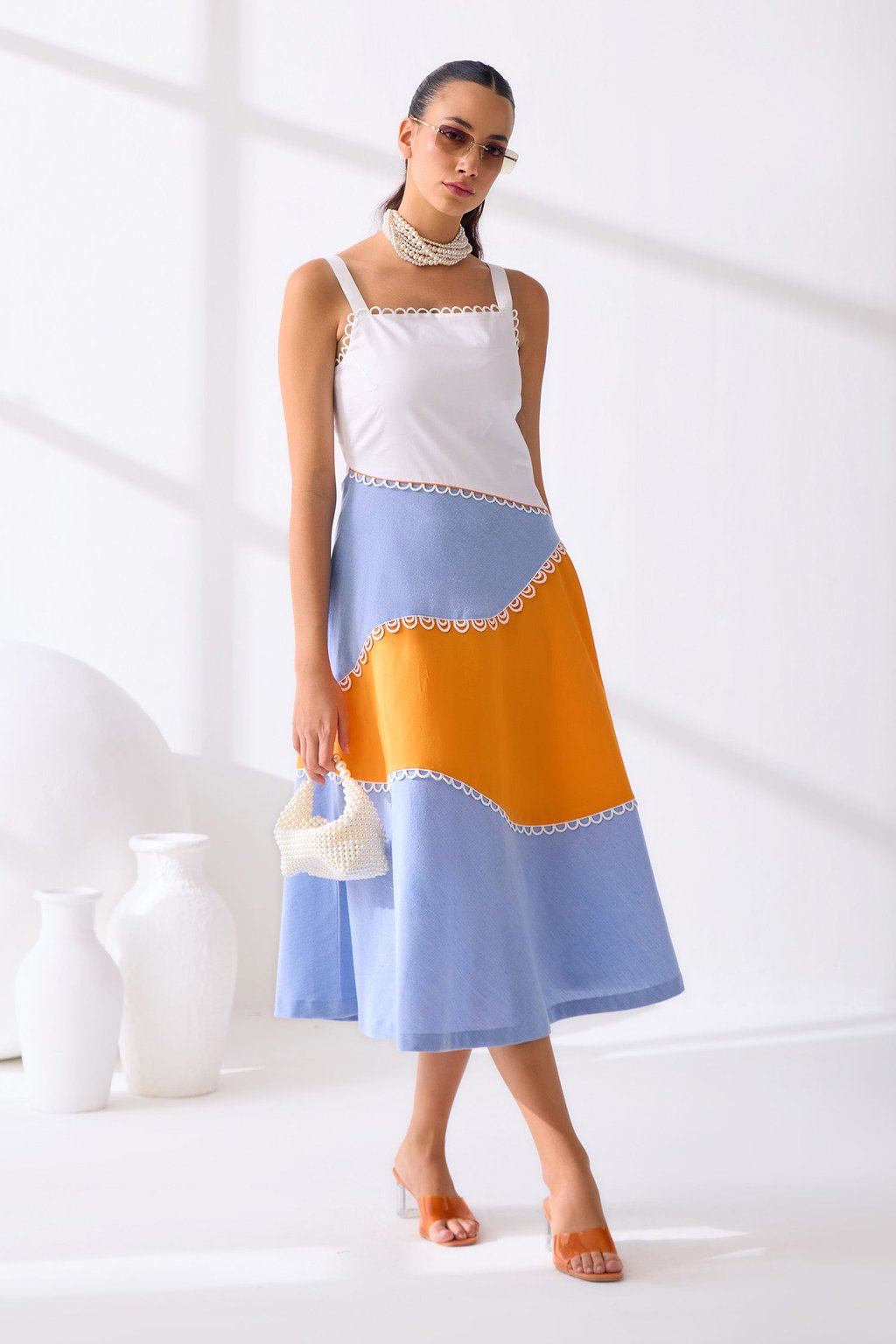 Ralph Midi Dress White, Orange & Blue