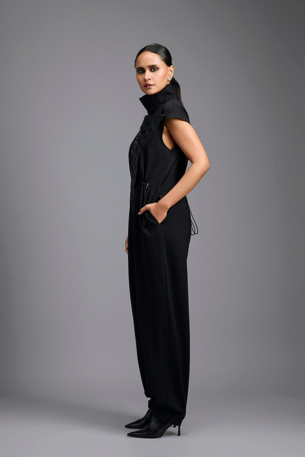 Jumpsuit with Woven Leather Panel