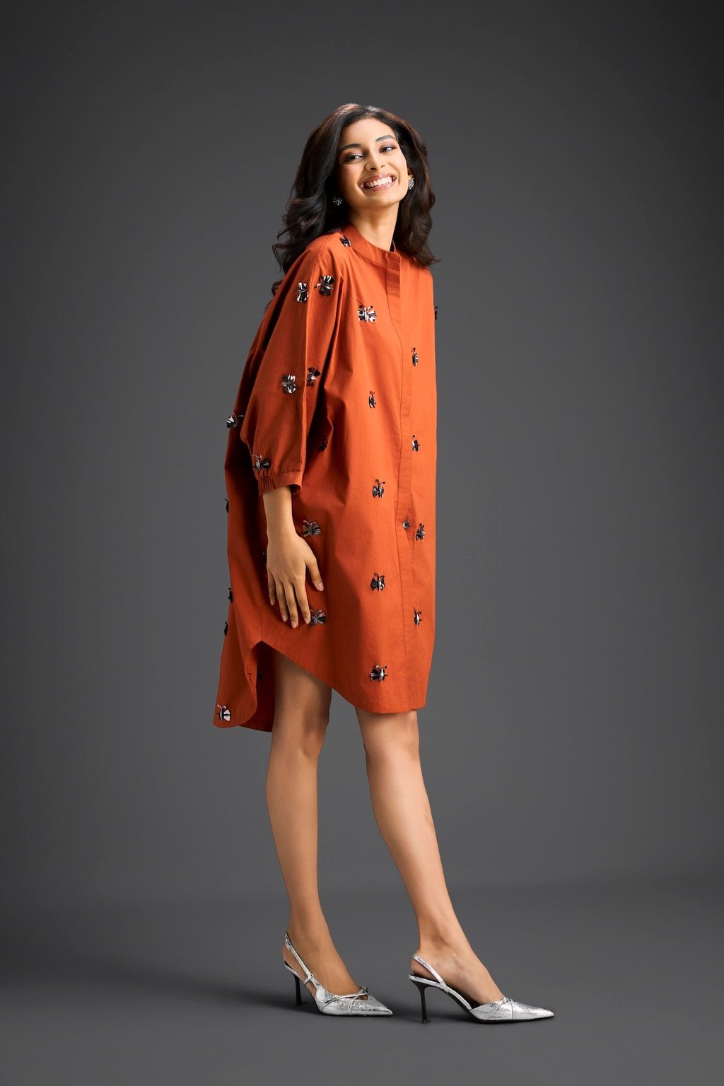 Rust Oversized Shirt Dress with Butterfly Motifs