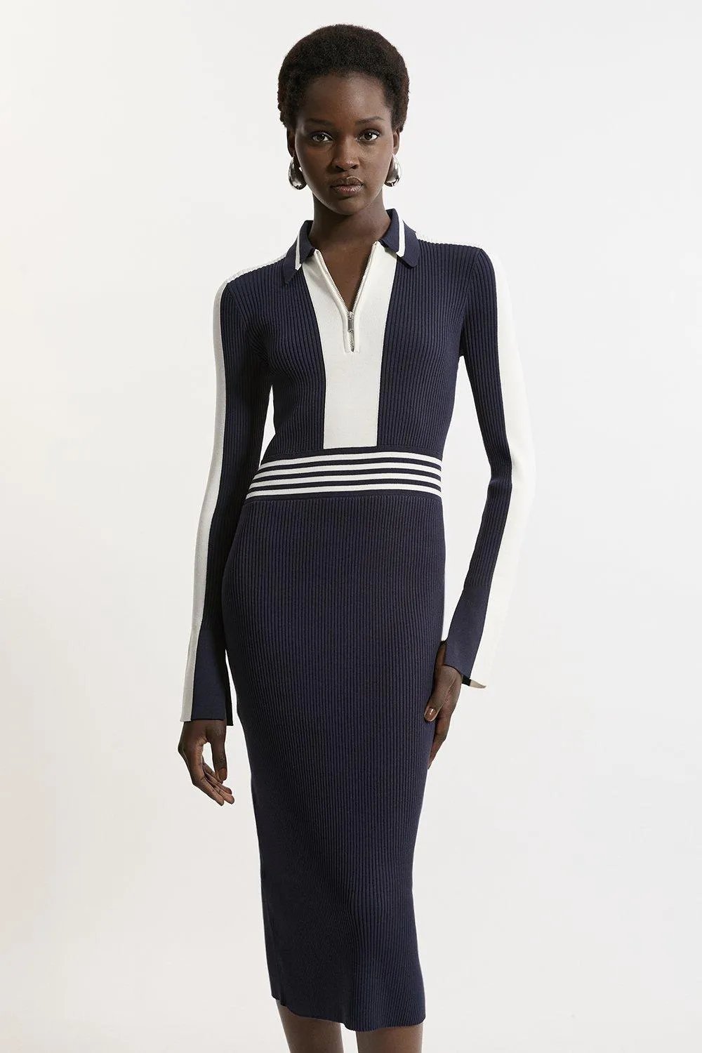 Rib Knit Polo Zip up Midi Dress