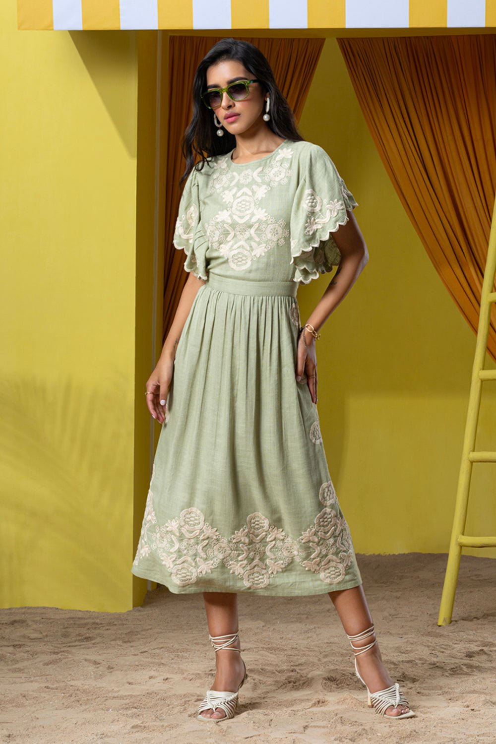 Flutter Sleeved All Over Embroidered Midi Dress