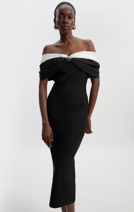 Taffeta Bardot Figure Form Maxi Dress