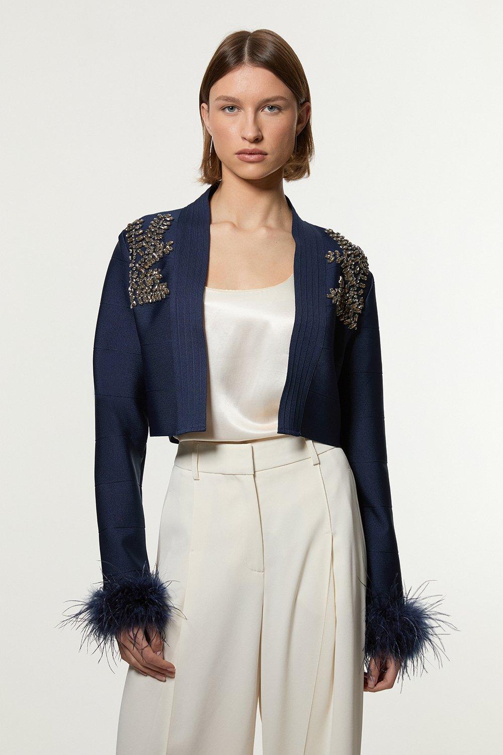 Figure Form Bandage Embellished Feather Cuff Crop Knit Jacket