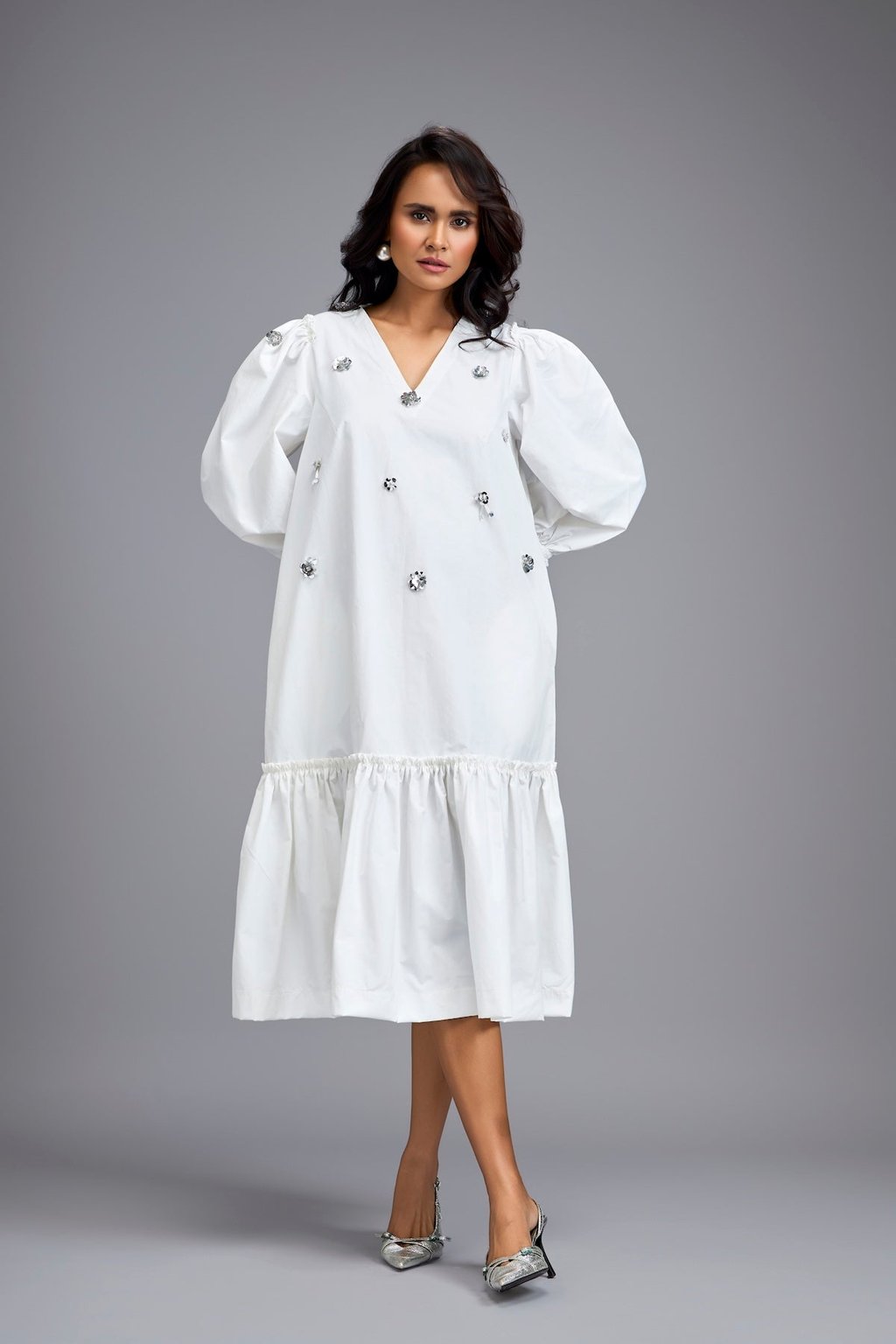 Long Gathered Hem Embellished Dress