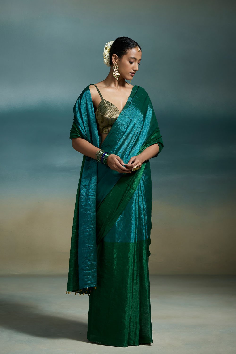 Oorja Handloom Tissue Green & Blue Sarees