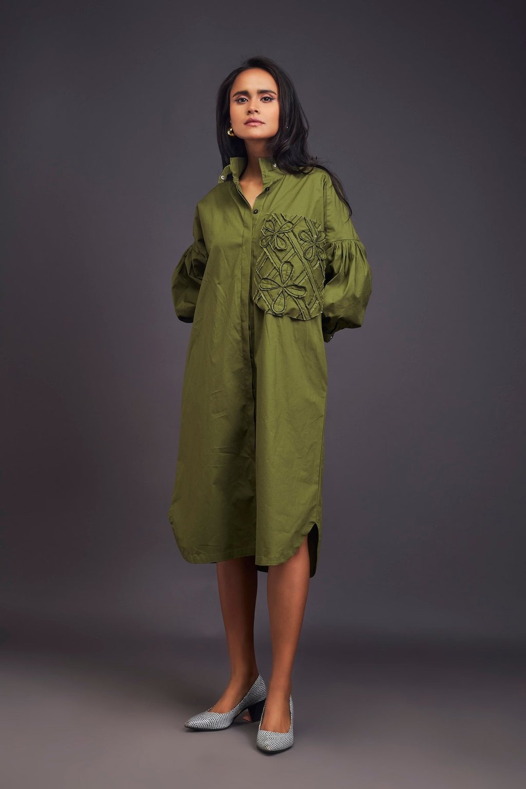 Oversized Shirt Dress with Embroidered Pocket