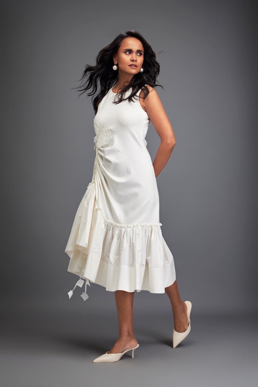 Dress with Ruched Floral Embellishments