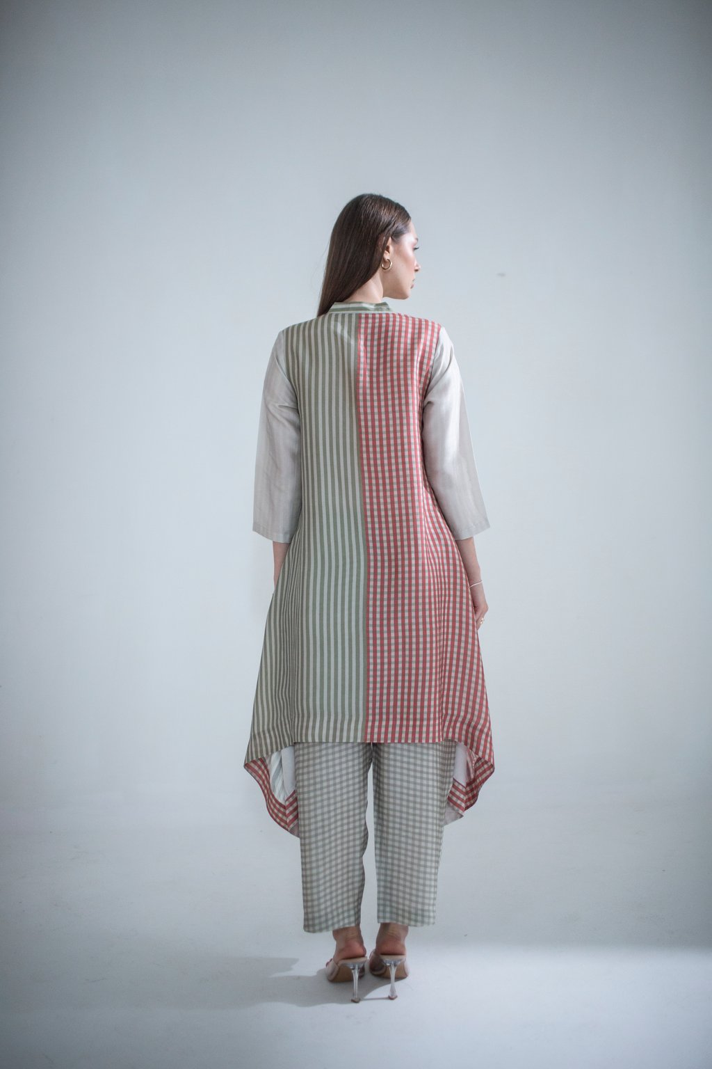 Grey & Red Long Kaftan Tail Set