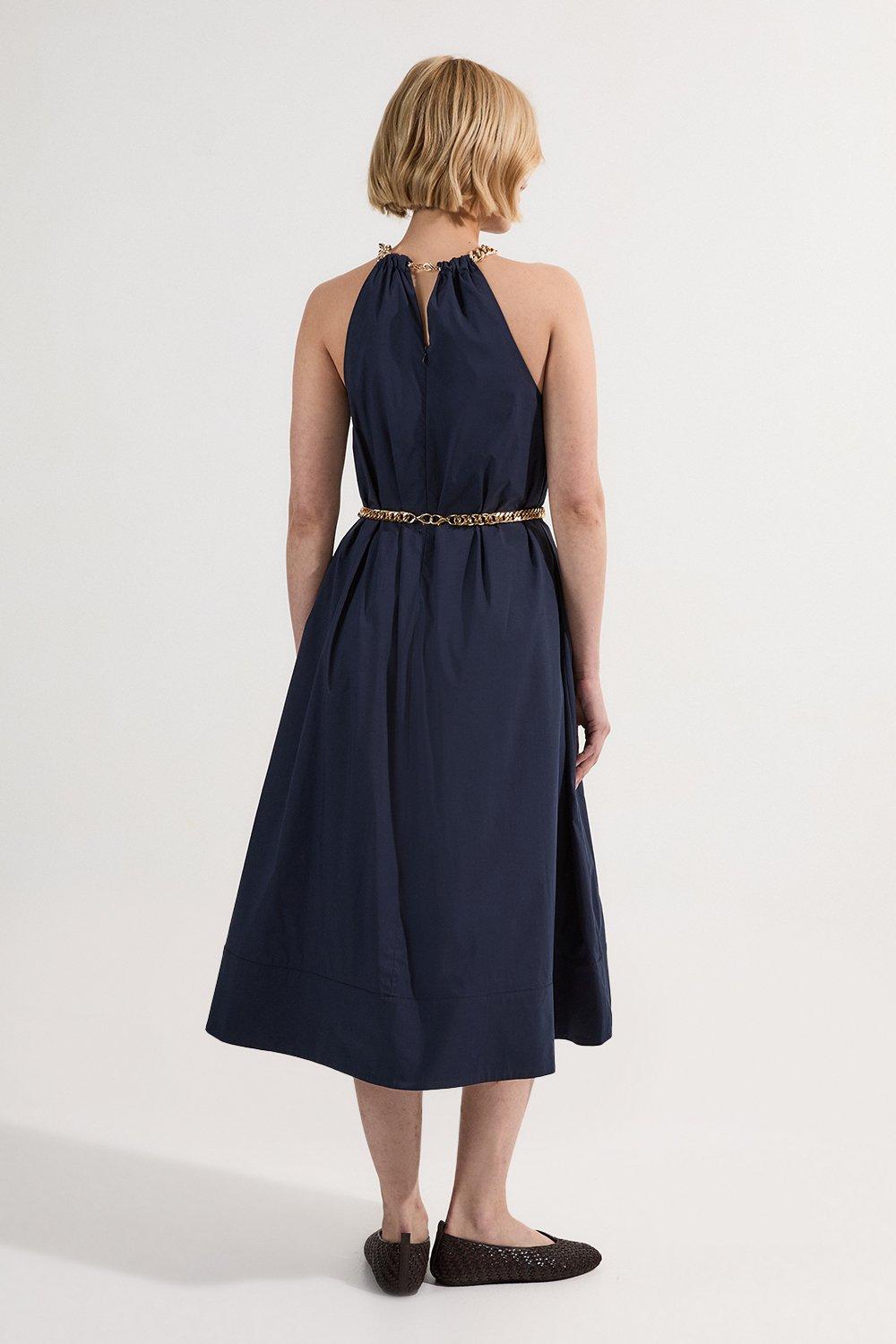 Cotton Poplin Chain Halter Woven Midi Dress