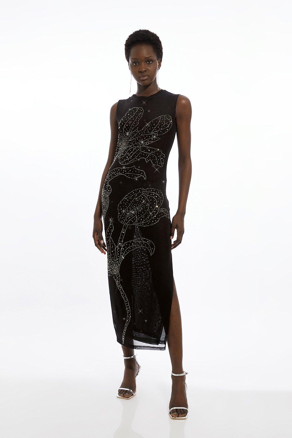 Placed Embellished Floral Mesh Jersey Midi Dress