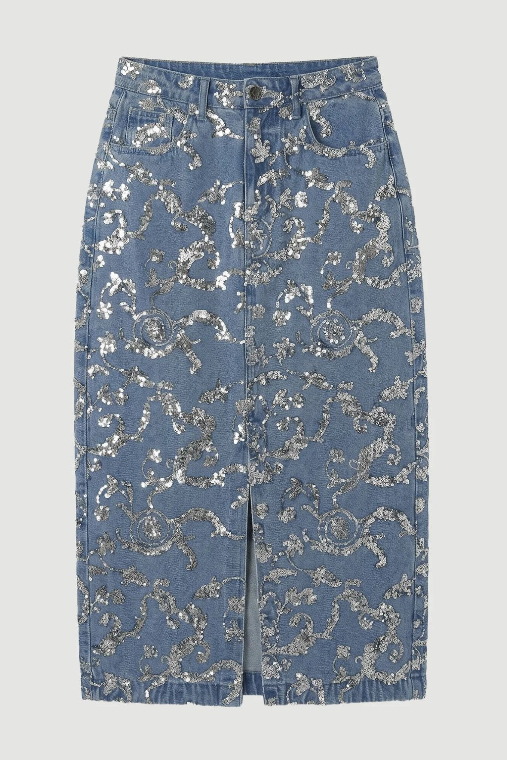 Sequin Denim Pencil Skirt