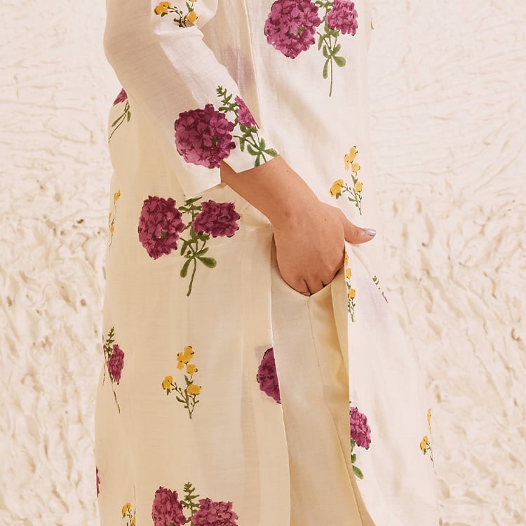 Ivory Chanderi Hand Block Floral Kurta Set