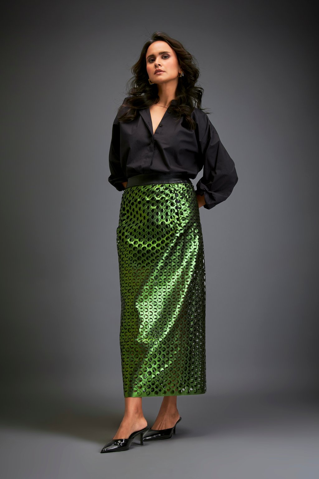 Metallic Skirt with Geometric Cutout Detailing