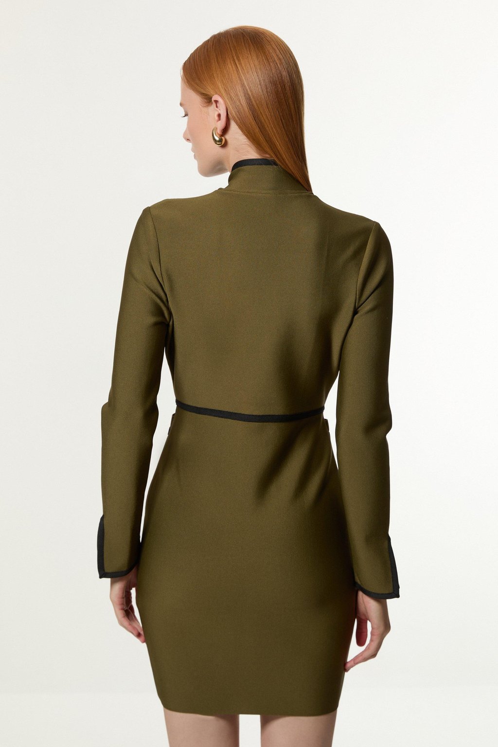 Figure Form Bandage Knit Piping Detail Military Dress