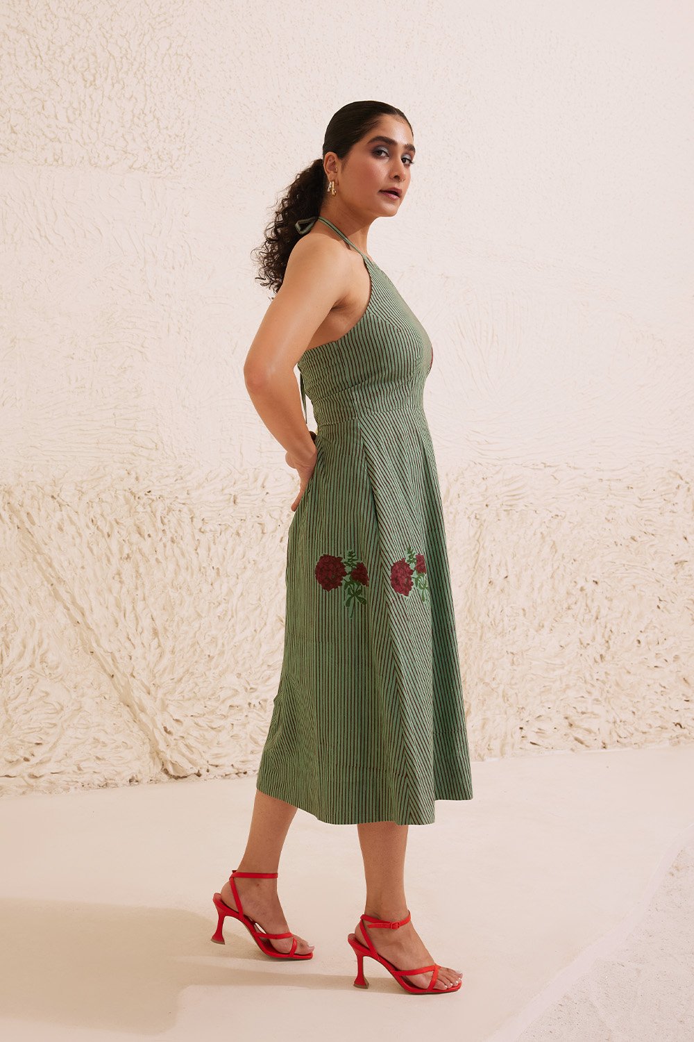 Teal Poplin Hand Block Floral Halter Neck Dress