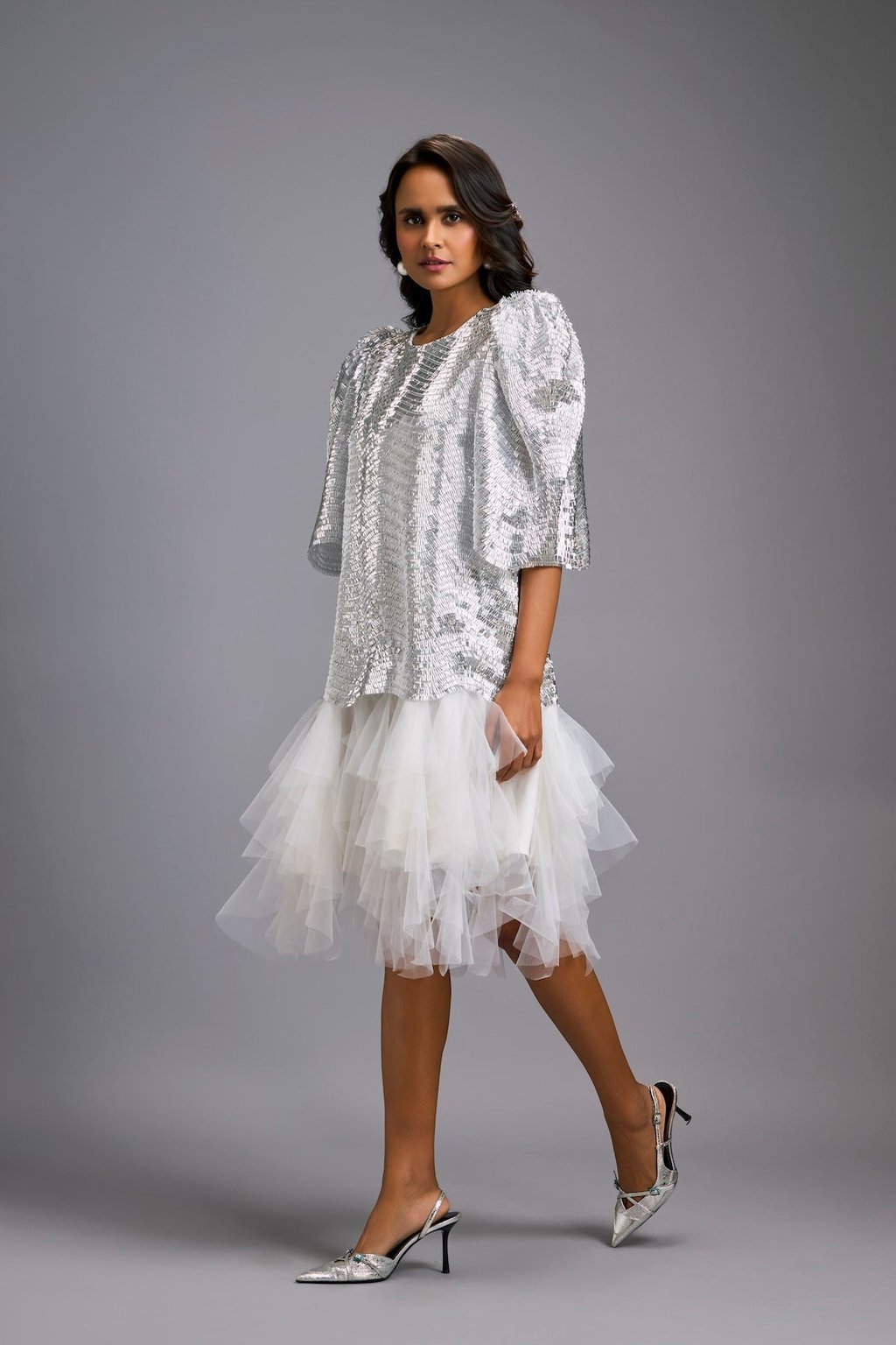 White Shimmer Dress with Puff Sleeves & Tulle Hem