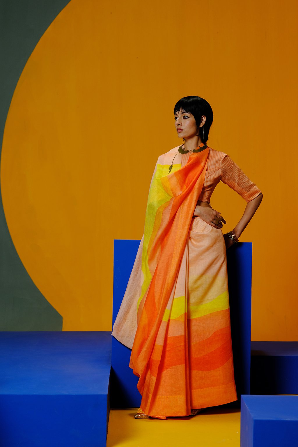 Diffuse Bright Orange & Yellow Saree Set