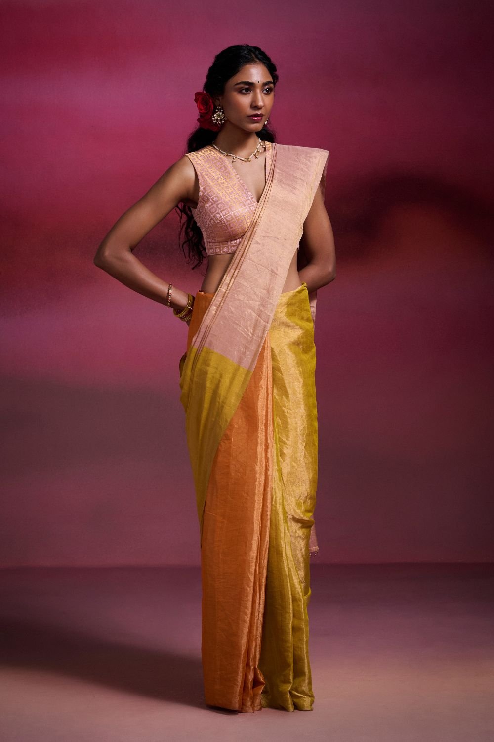 Metallic Peach & Bright Orange-Yellow Tissue Saree