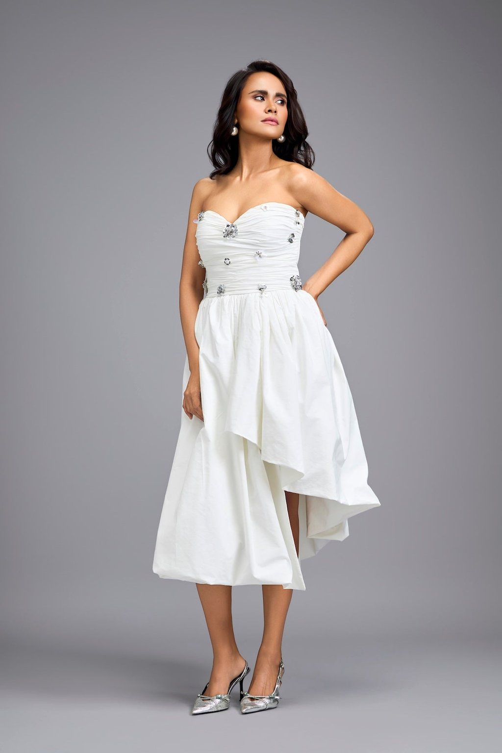 White Strapless Embellished Midi Dress