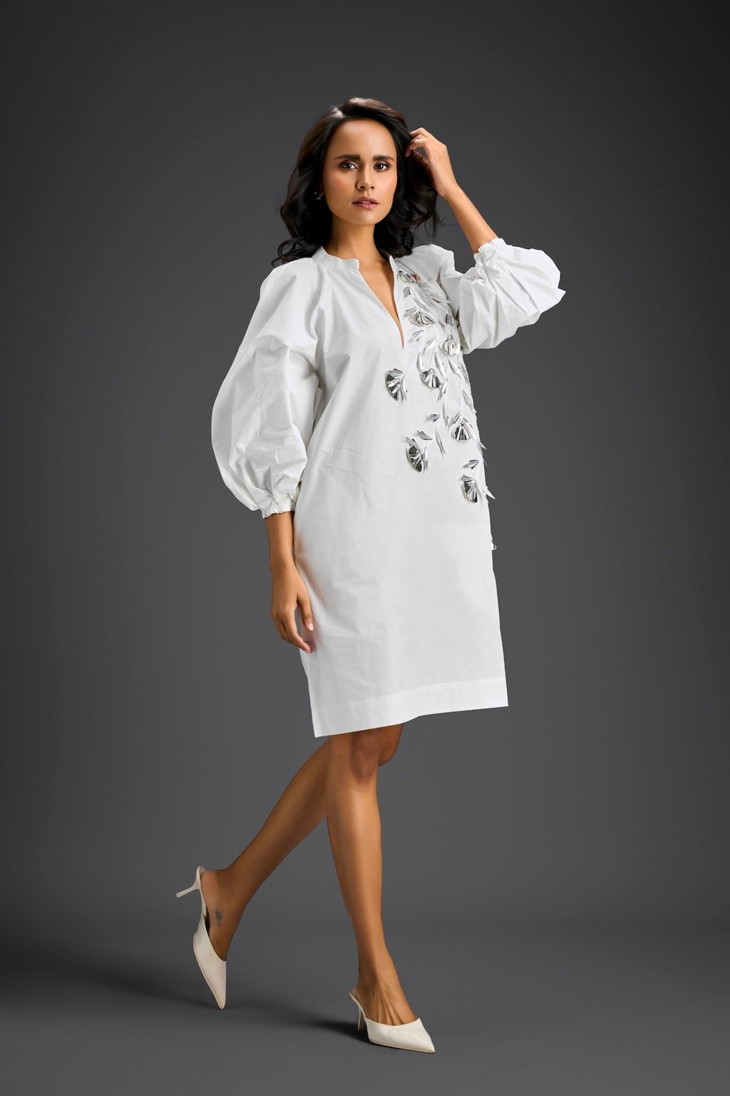 White Metallic Floral Embroidered Dress