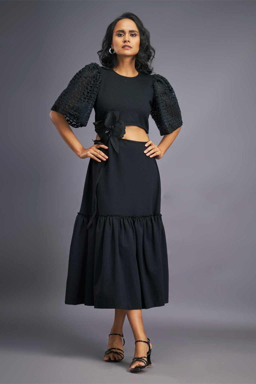 Cutout Ruffle Dress with Cutwork Sleeves
