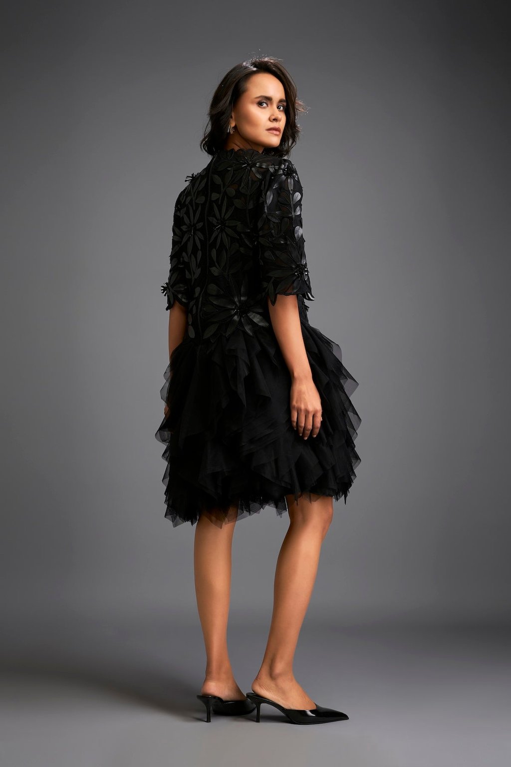 High-Neck Floral Applique Dress