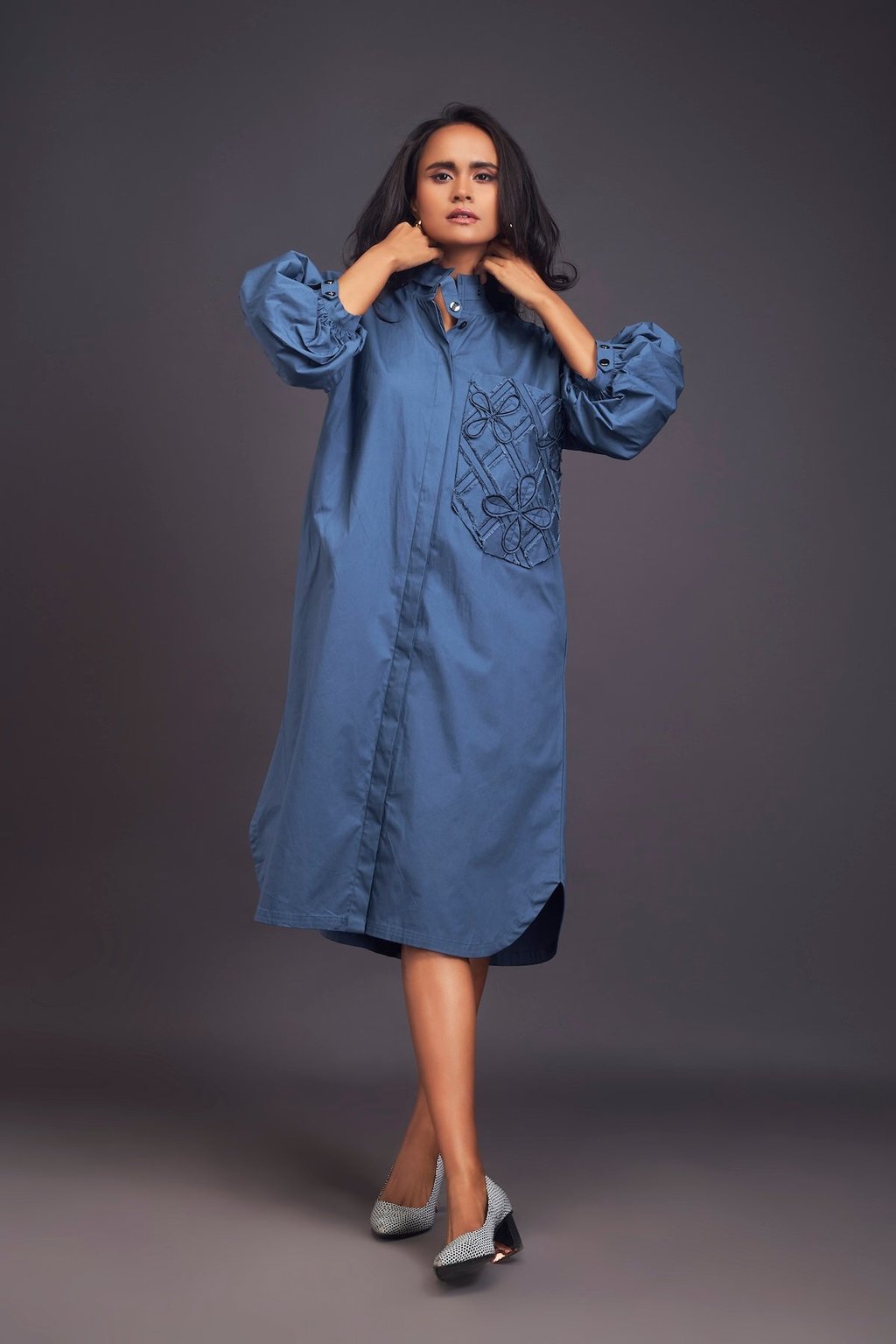 Oversized Shirt Dress with Embroidered Pocket