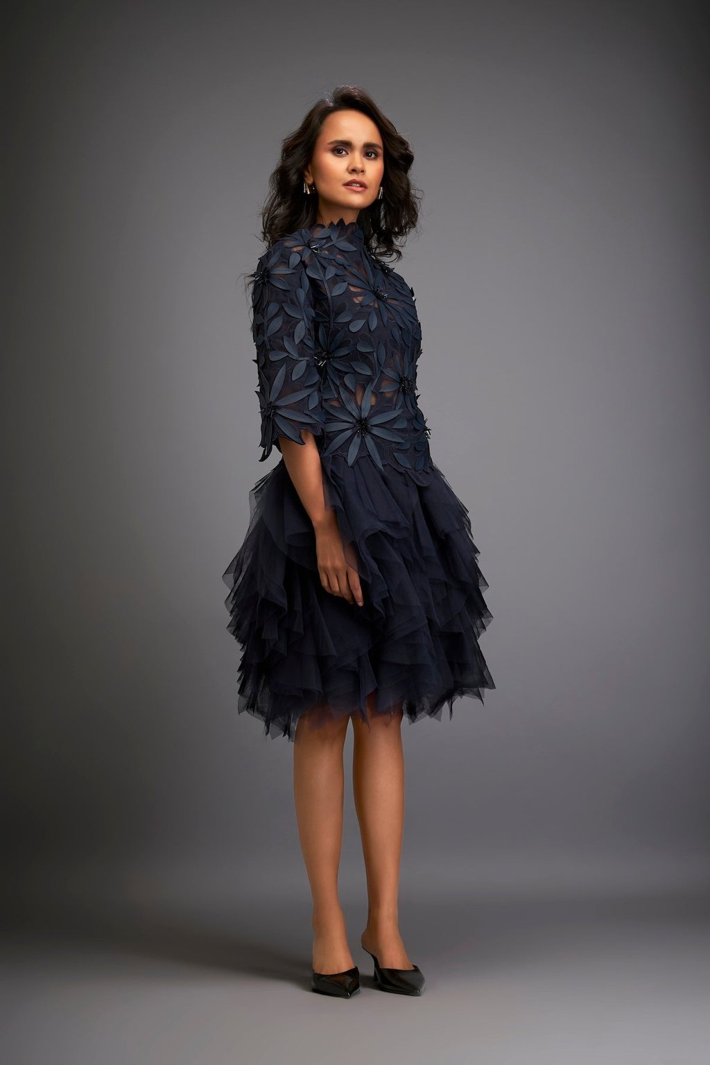 High-Neck Floral Applique Dress