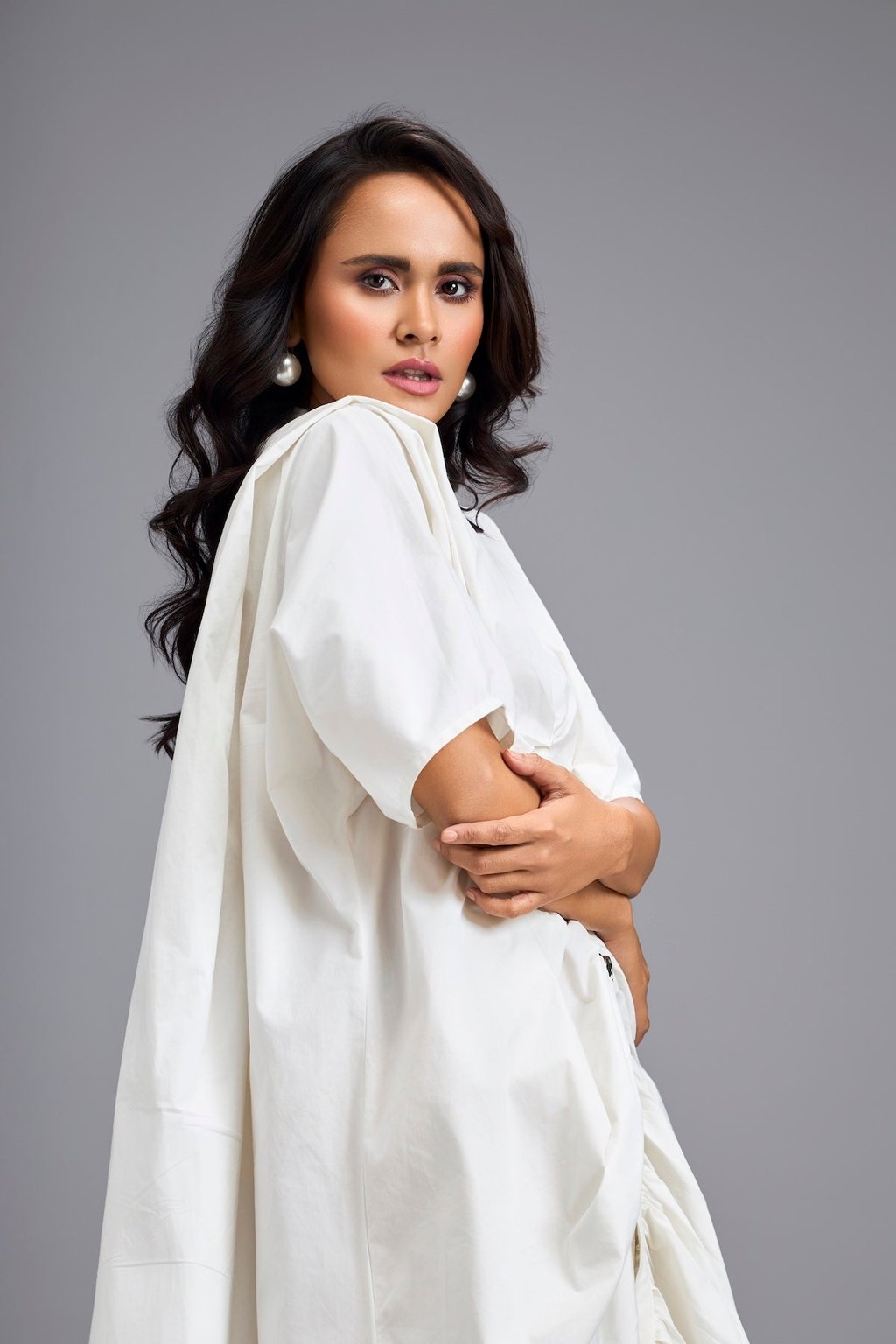 White Draped Kaftan Sleeve Dress with Gold Button