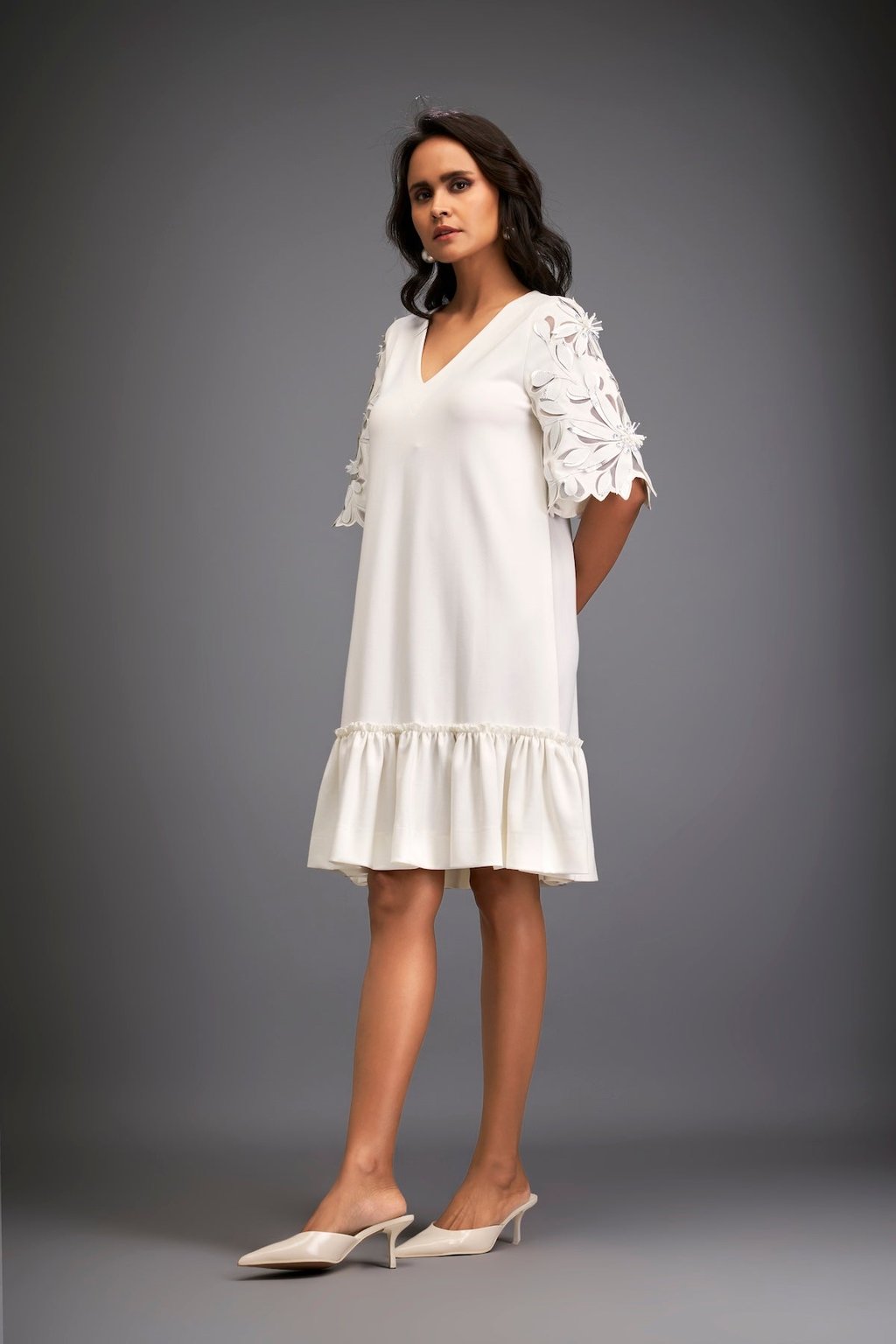 V-Neck Dress With Leaf-Patterned Sleeves
