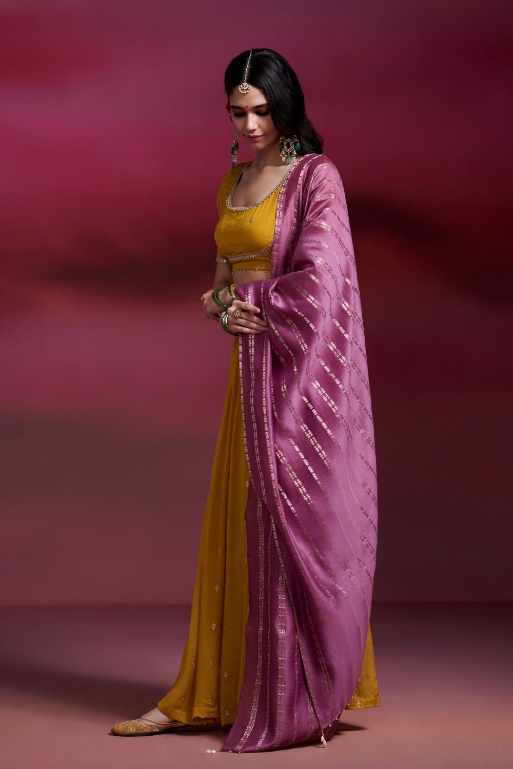 Kalindi Mustard Embroidered Viscose Lehenga Set
