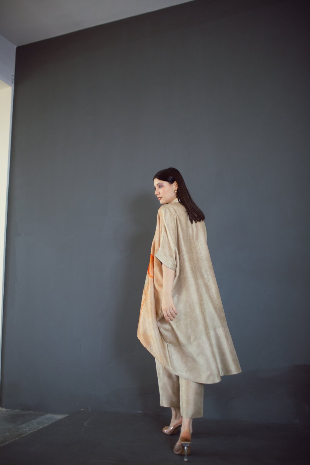 Beige High Low Kaftan Set