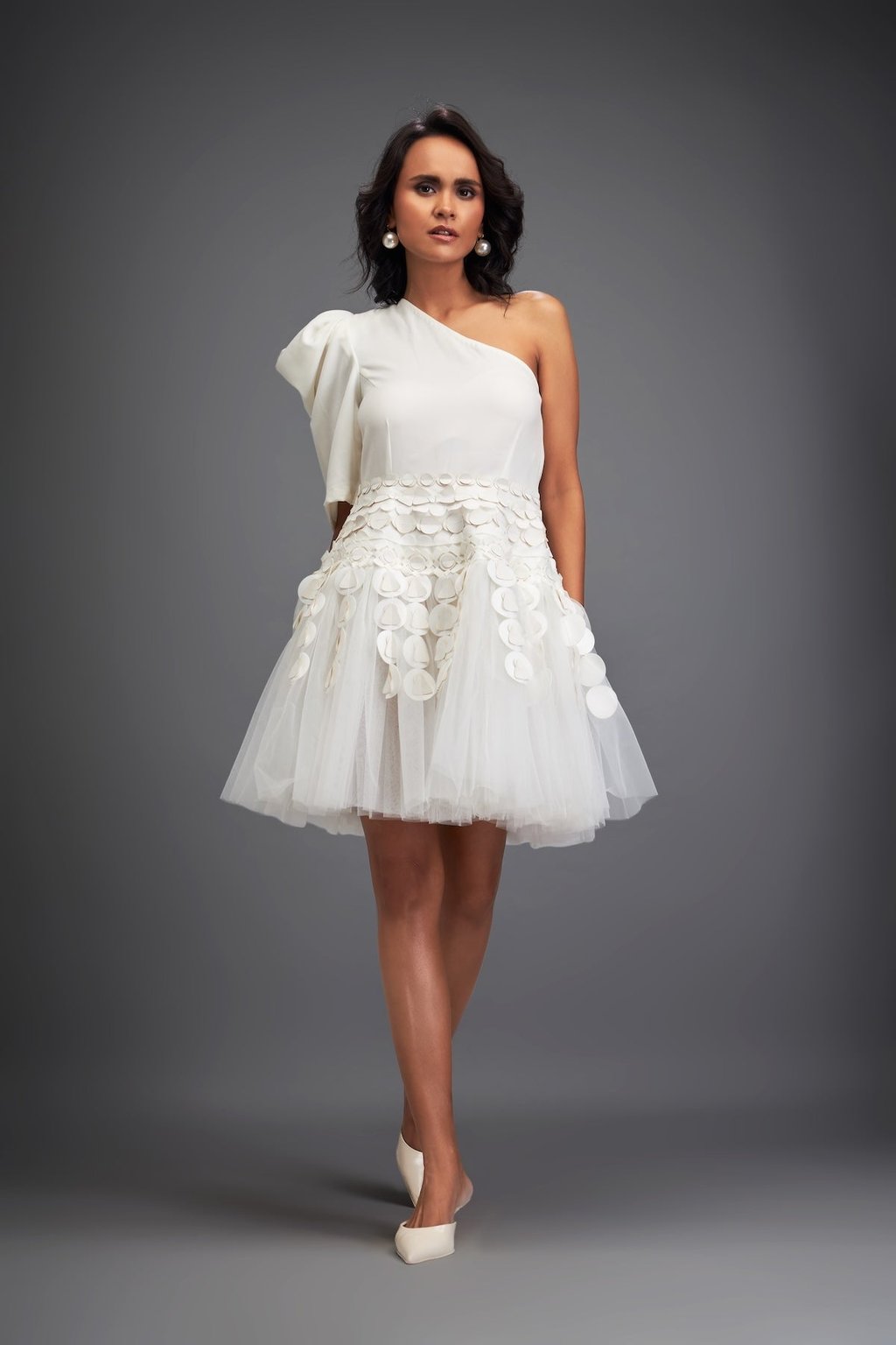 One-Shoulder Tulle Dress with 3d Embellishments