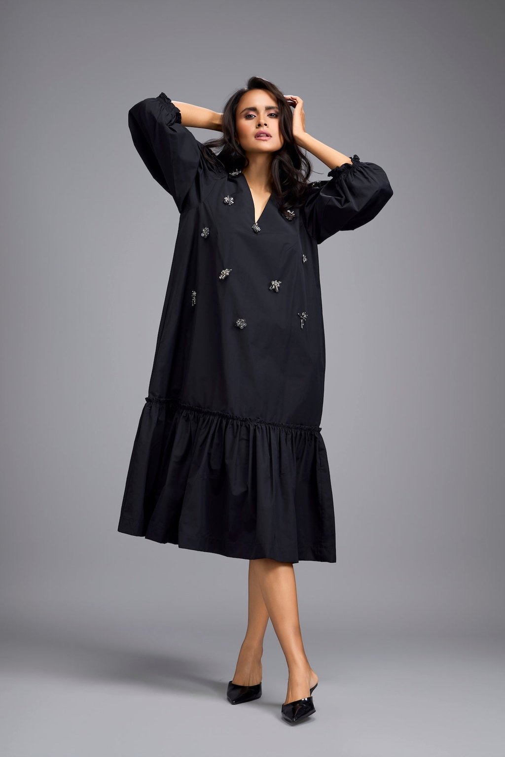 Long Gathered Hem Embellished Dress