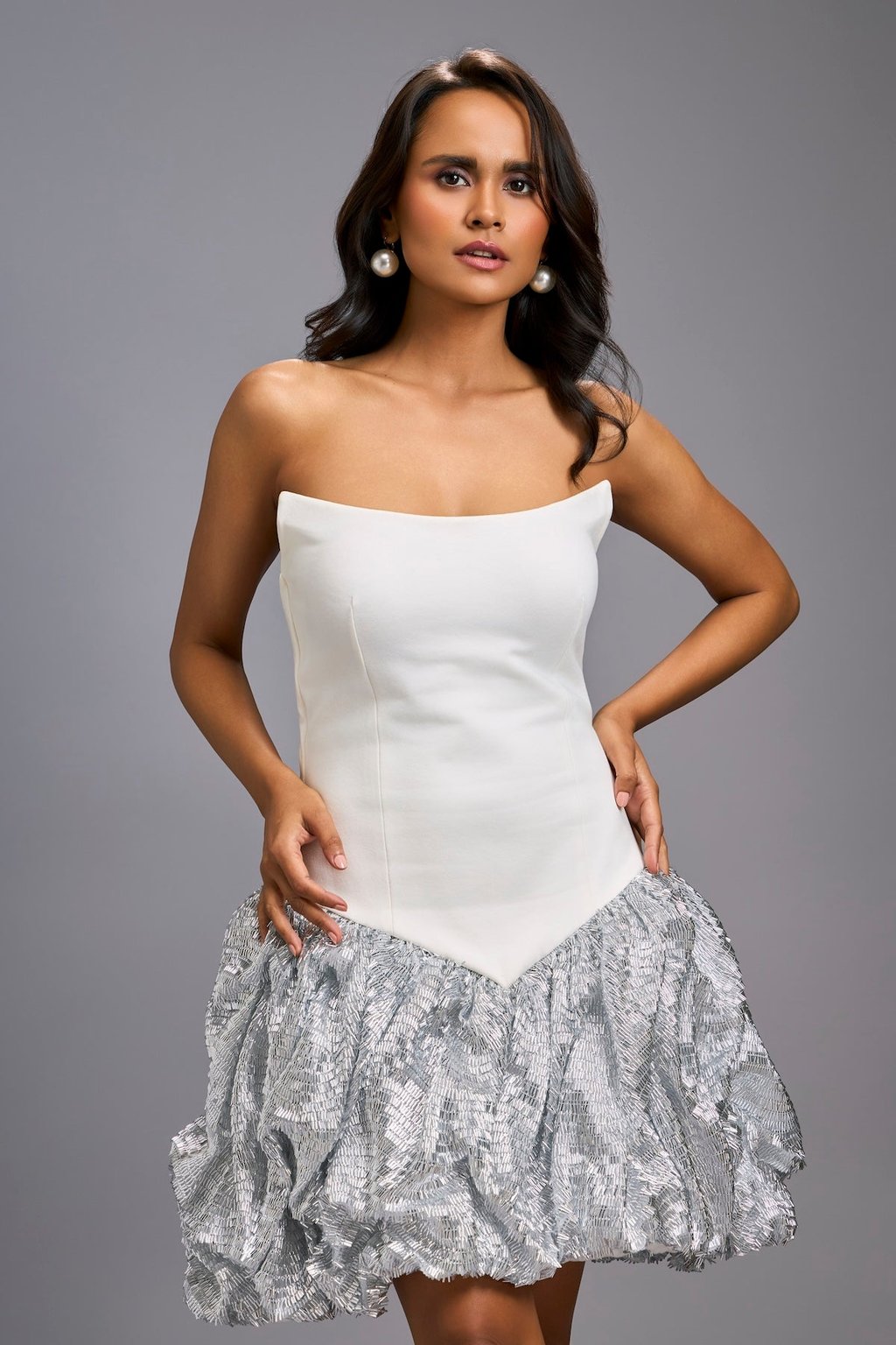 Strapless White Dress with Shimmer Ruched Bottom