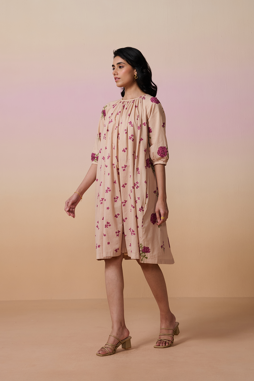 Onion Pink Chanderi Hand Block Floral Dress