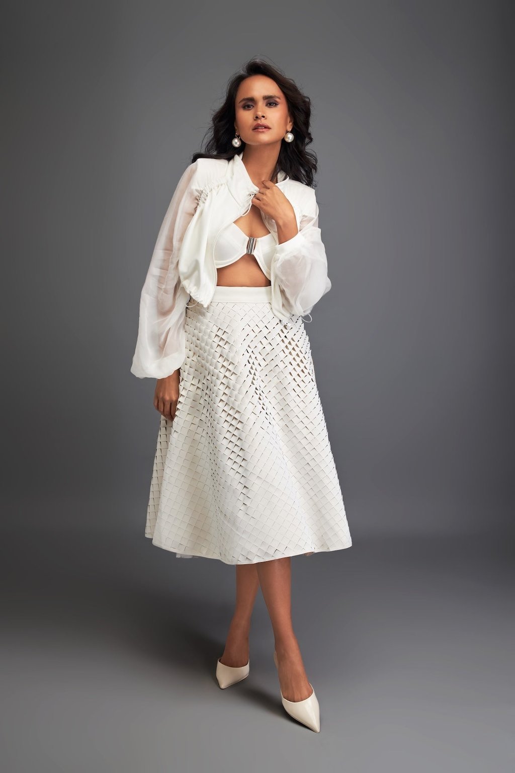 3d Textured A-Line Skirt with Grid Pattern