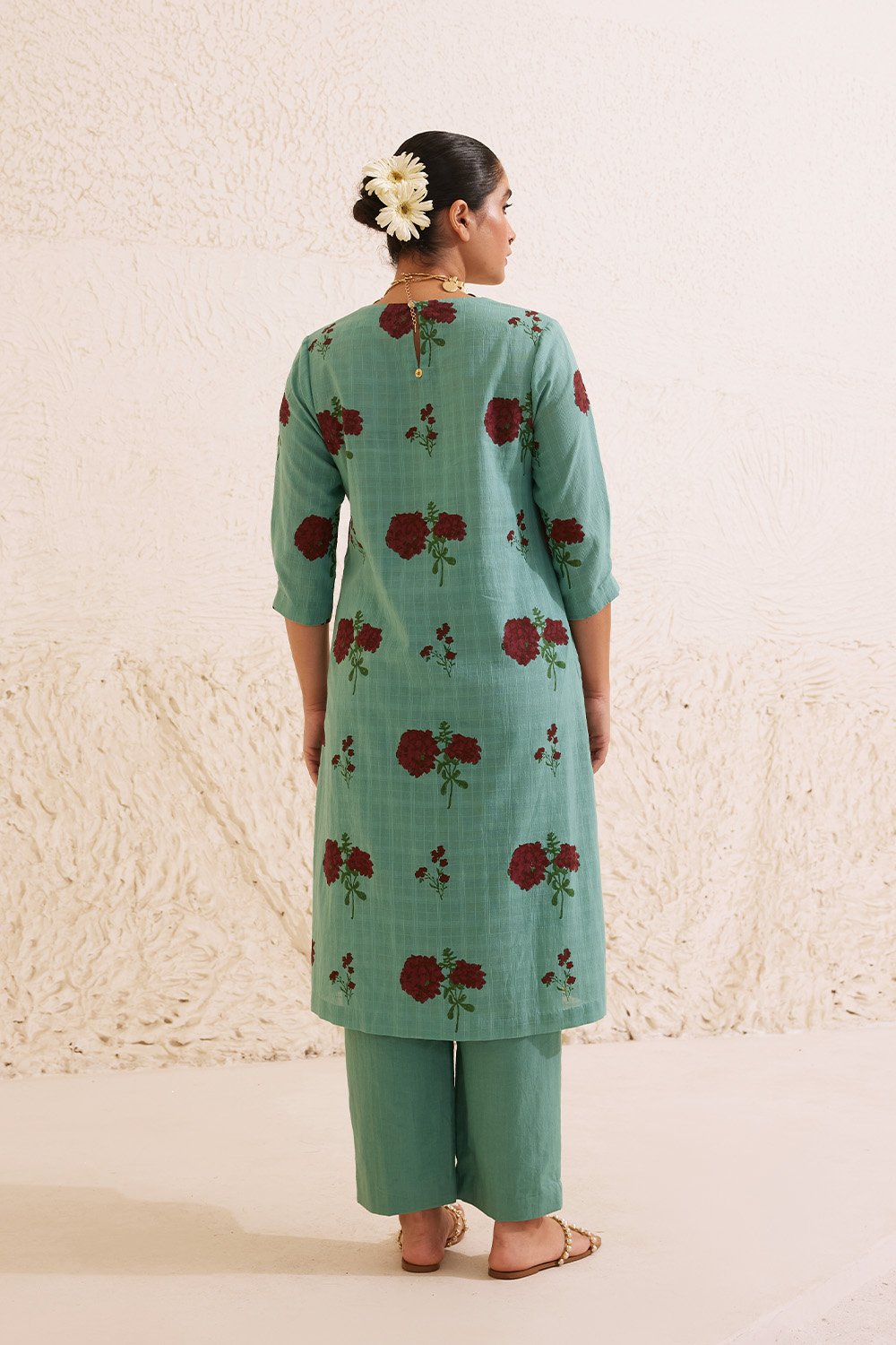 Teal Cotton Hand Block Floral Print Kurta Set
